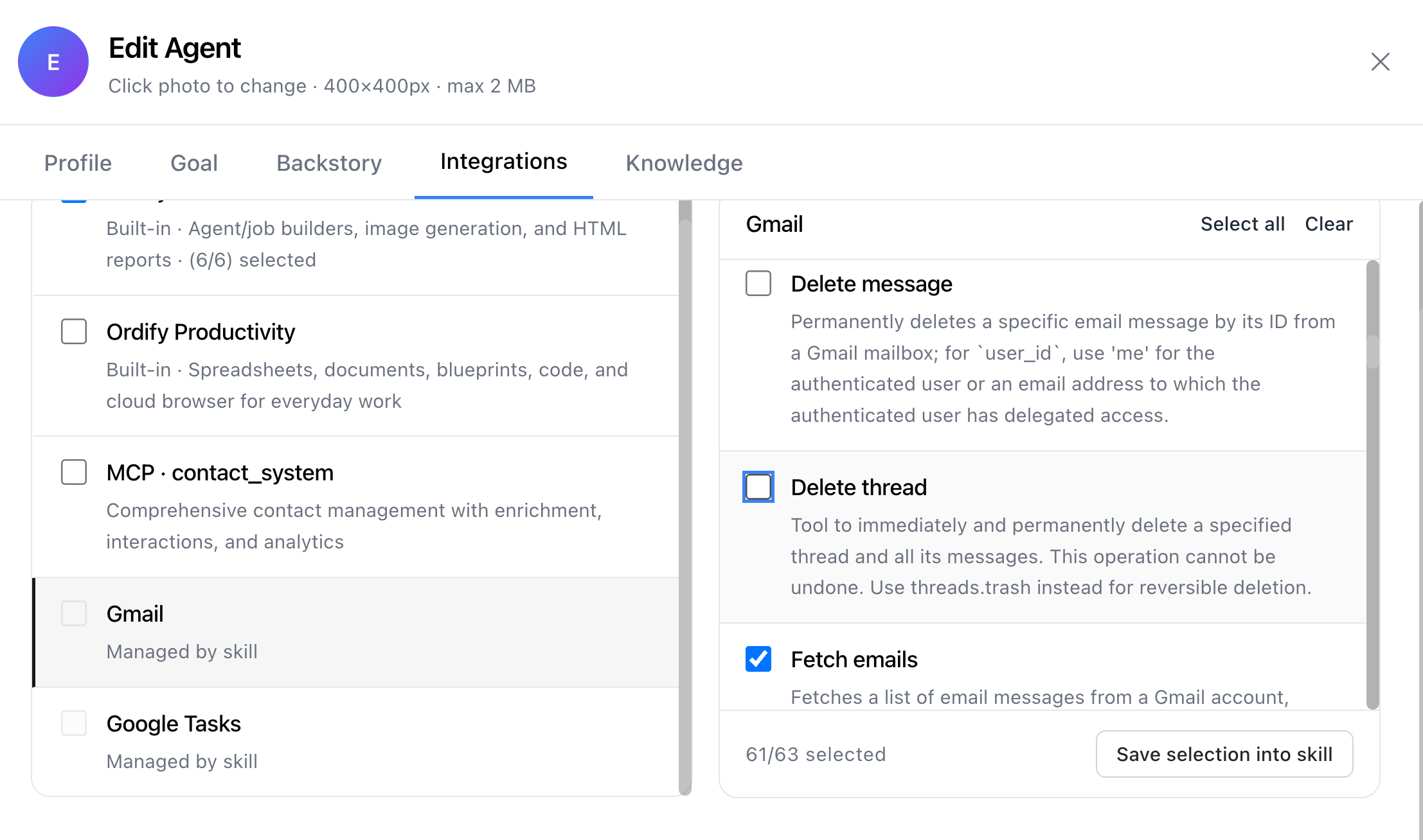 Choosing which Gmail tools an agent can use