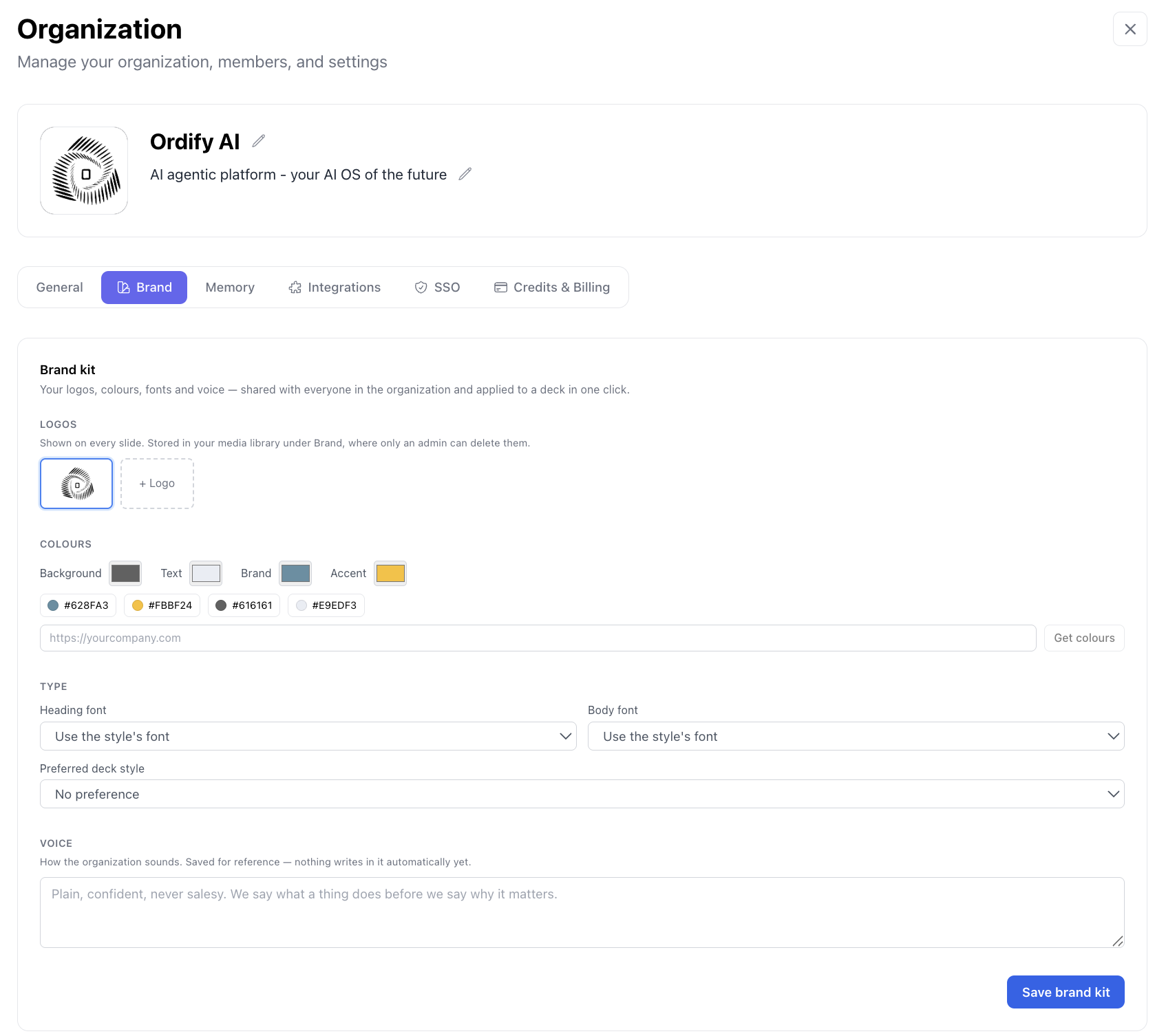 The Brand tab on the Organization page, with the Logos, Colours, Type, and Voice sections of the brand kit