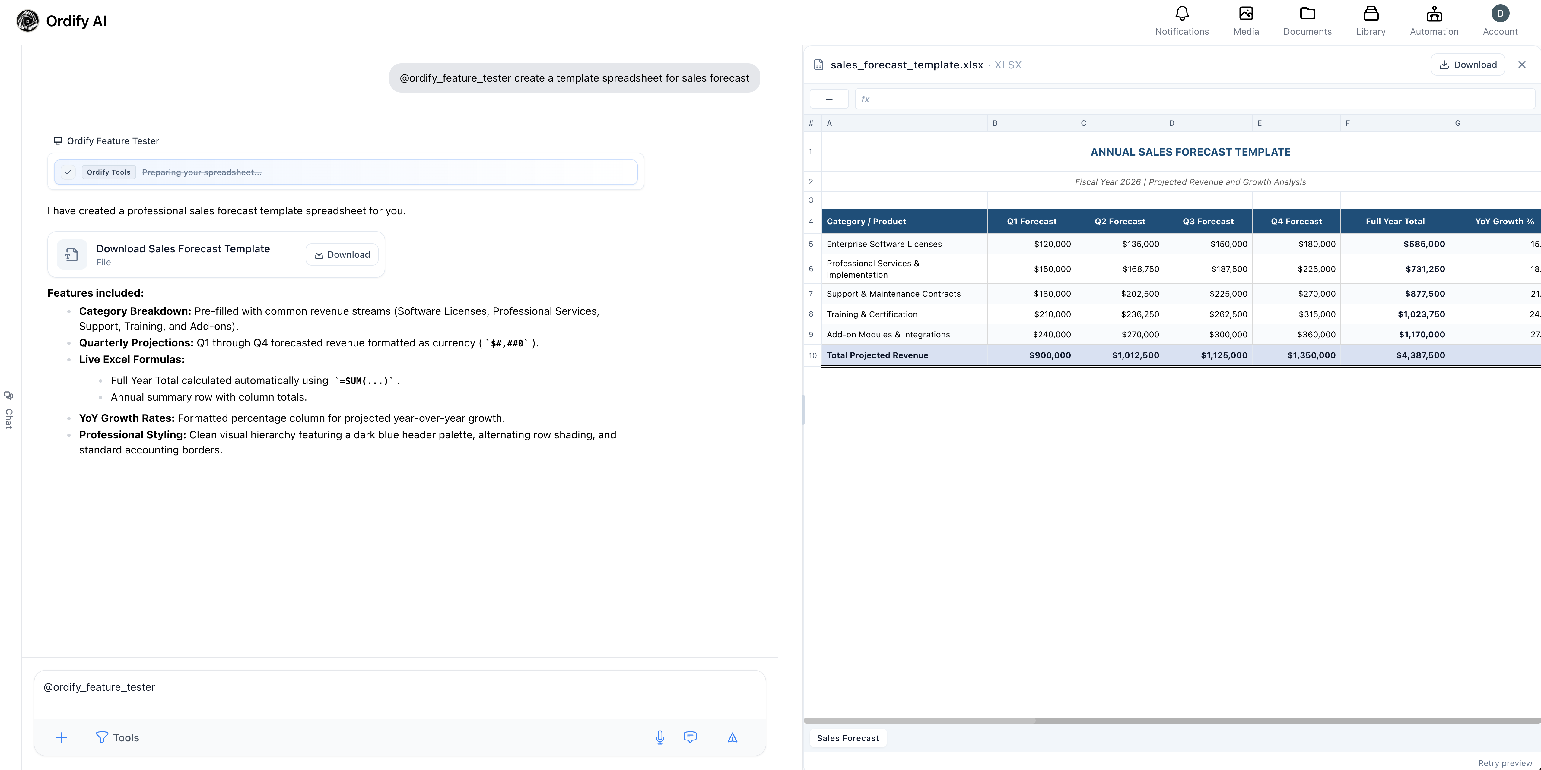 A spreadsheet previewed beside the conversation