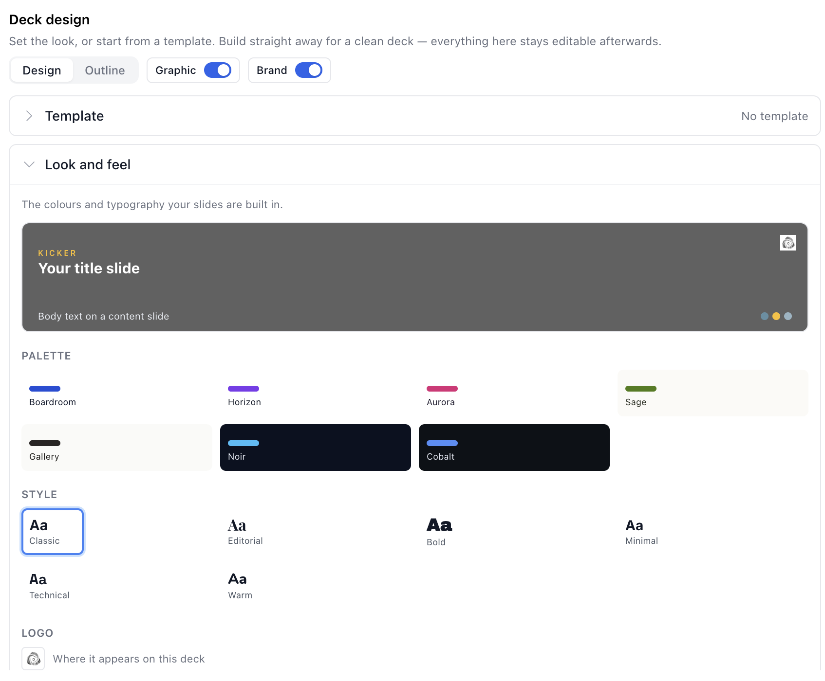 The Deck design panel with Brand switched on, showing the brand's colours in the slide preview and the Logo placement controls