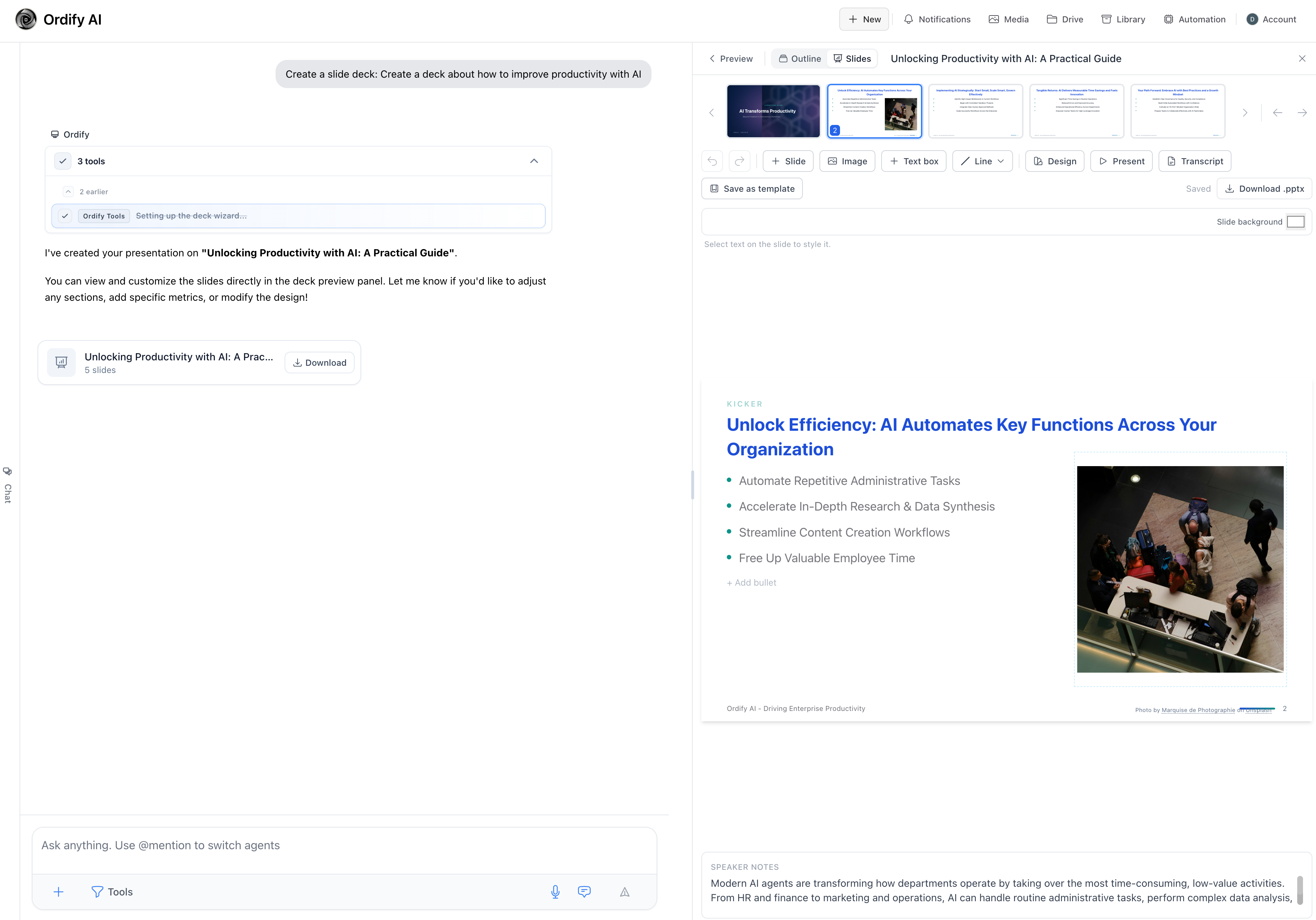 The deck editor with the slide toolbar and speaker notes