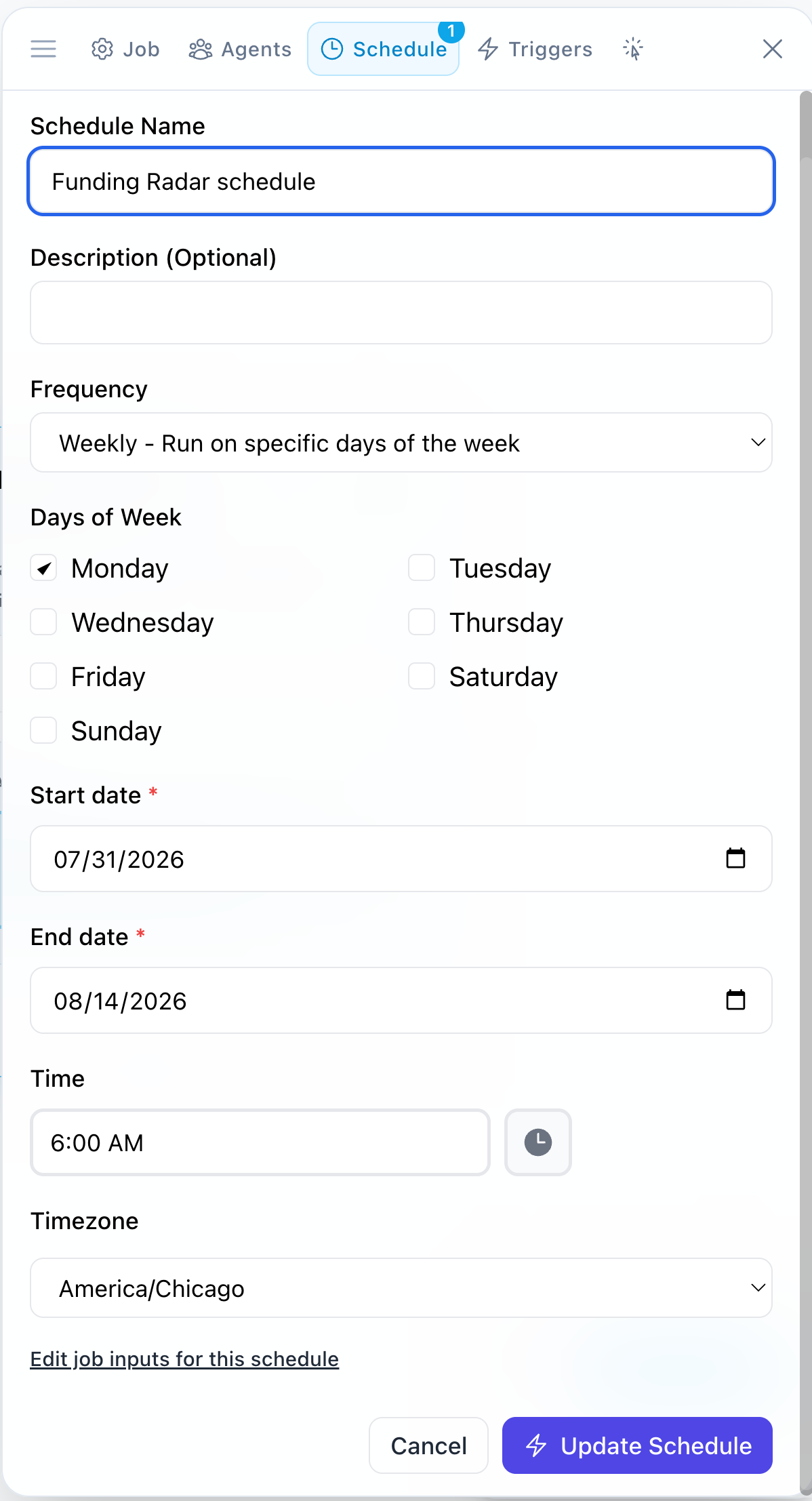 Setting a schedule inside the Job Builder