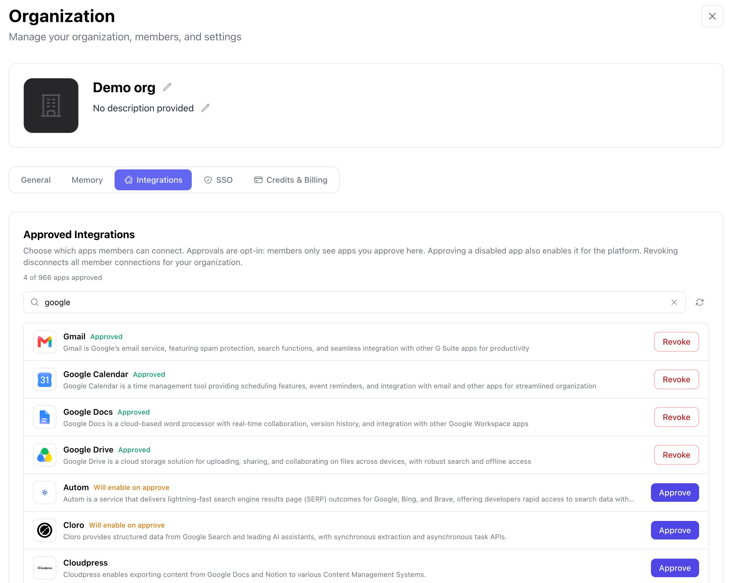 Approving integrations for an organization