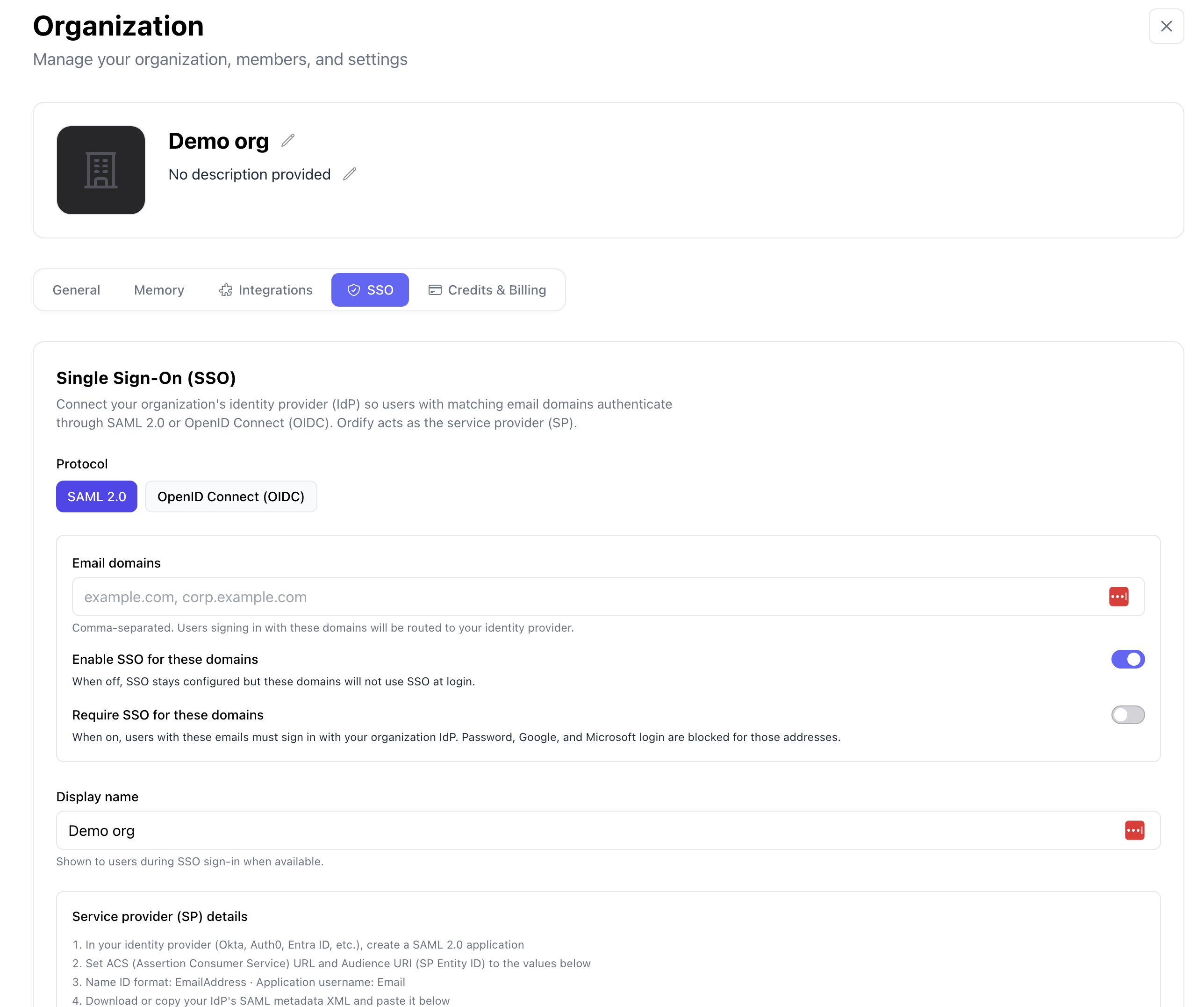 The SSO tab in Organization Settings