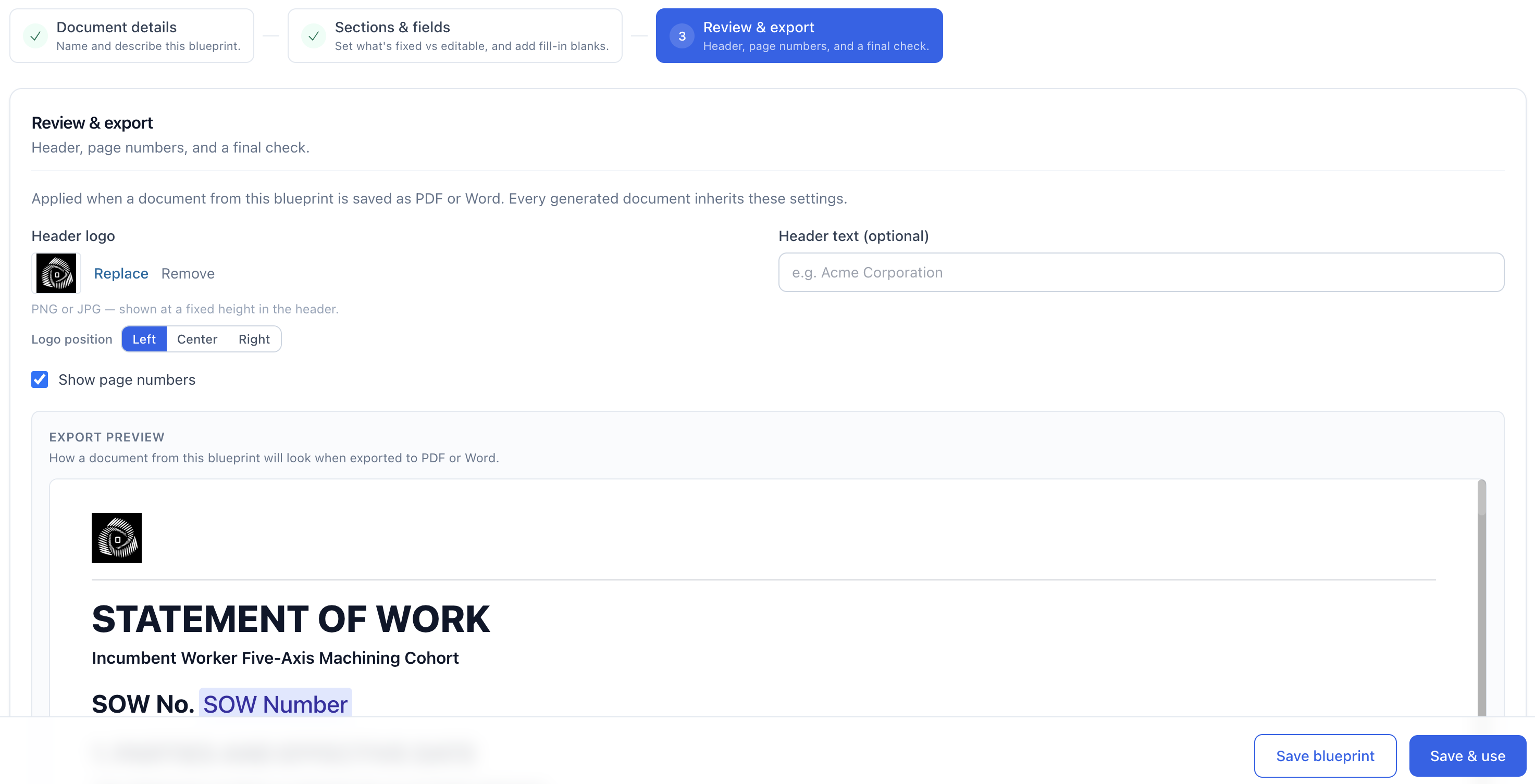 Review &amp; export step in the Blueprint editor, with header logo, optional header text, page numbers, and export preview