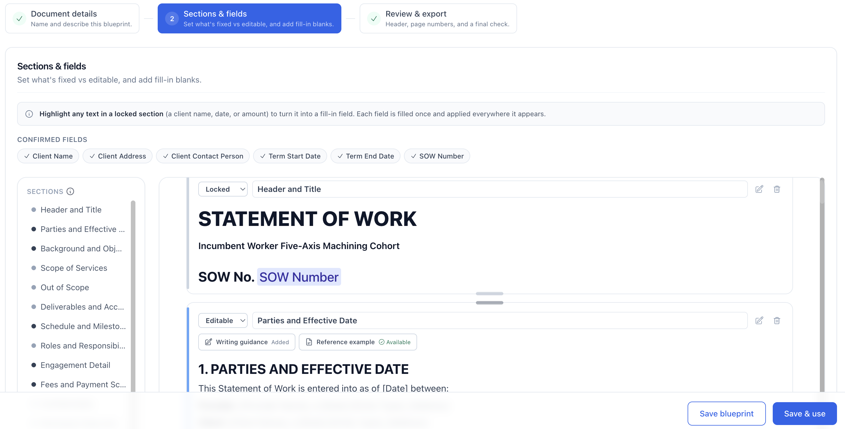 Sections &amp; fields step in the Blueprint editor, with confirmed fields, the section list, and Locked or Editable section controls