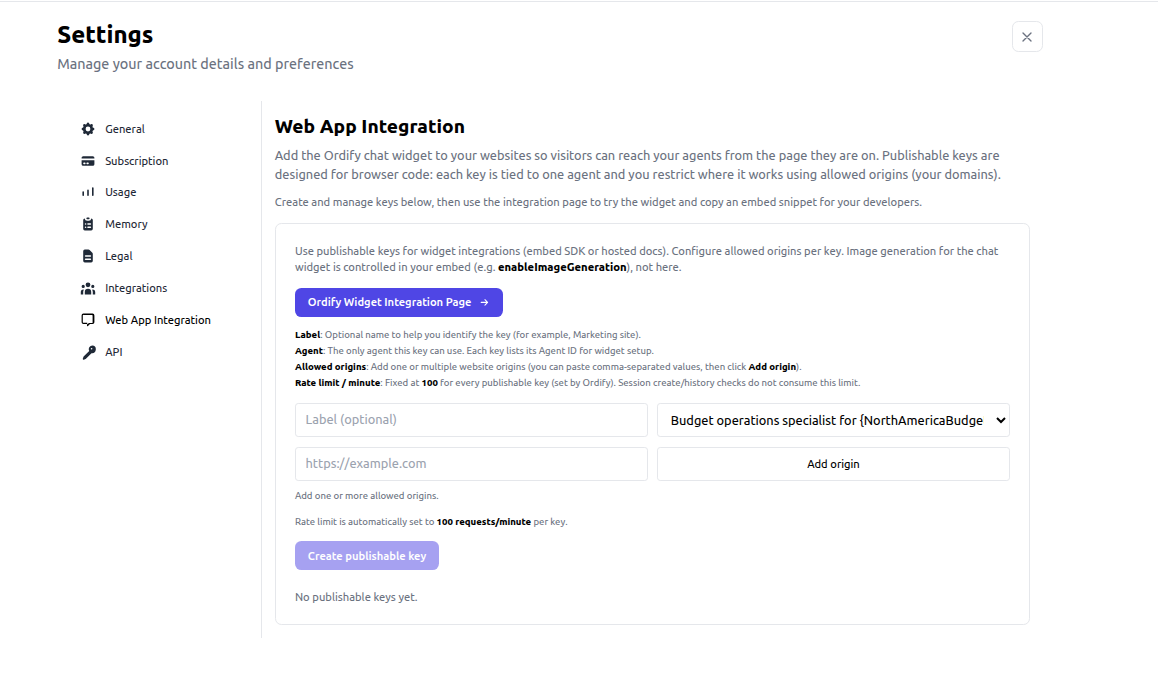 Web App Integration settings