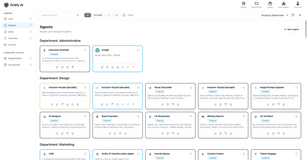 Ordify Library showing templated agents by department
