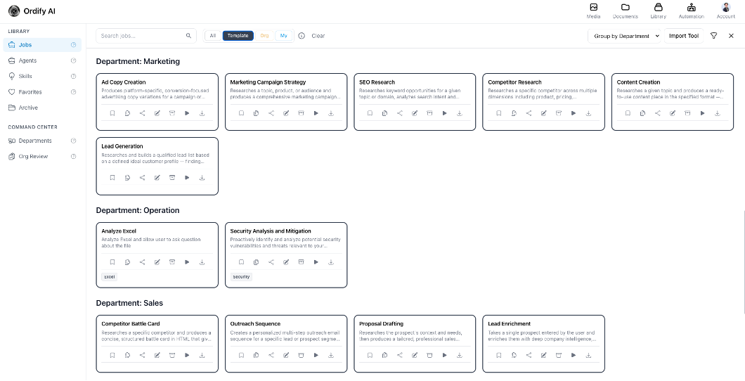 Ordify Library showing templated multi-agent jobs by department
